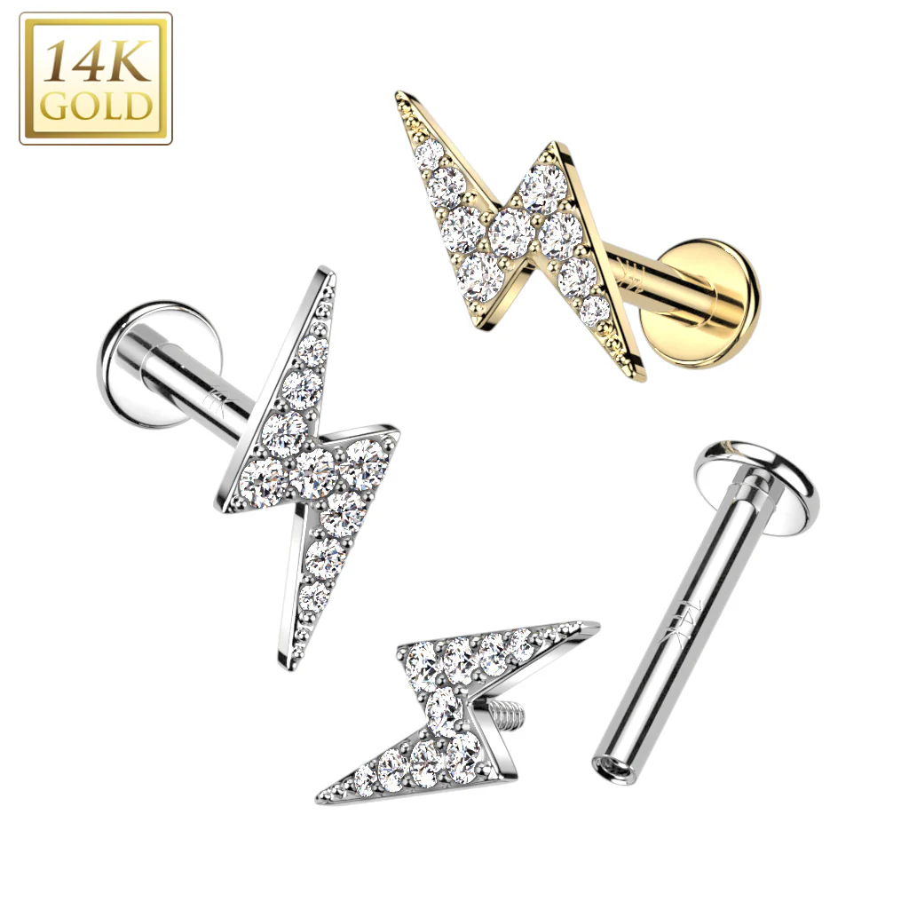 14K Solid Gold Internally Threaded Labret Stud Lightning Top Tragus - Image 4