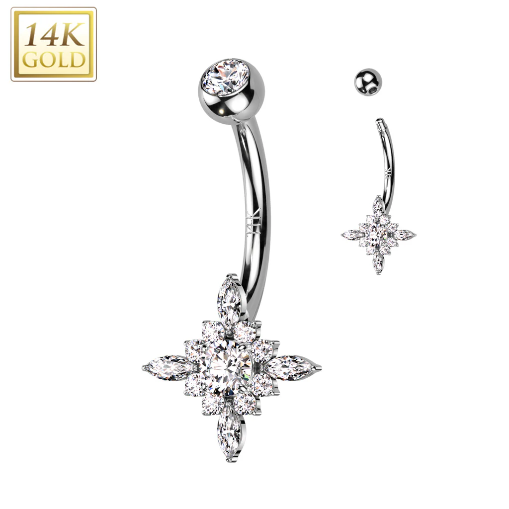 14K Solid Gold Starburst Center Opal or CZ Belly Button Navel Ring - Image 5