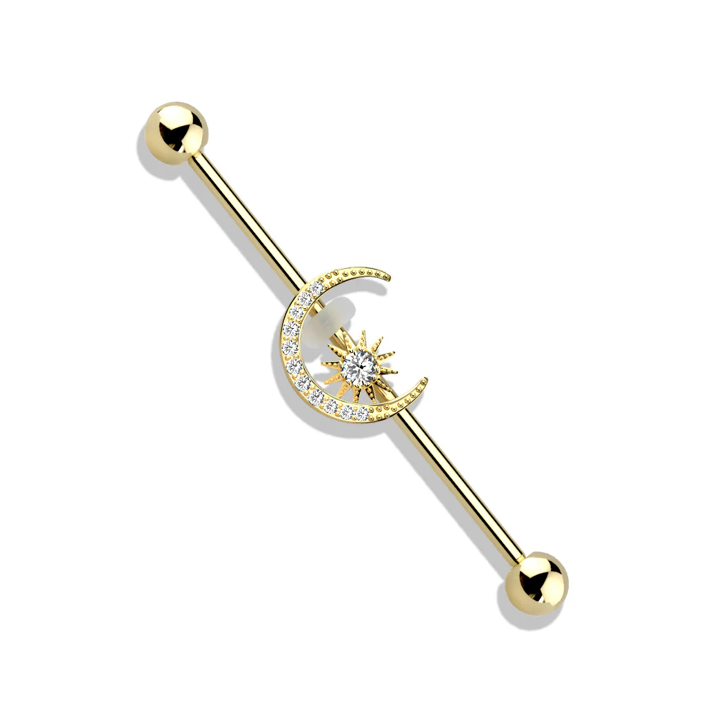 Gold Plated CZ Paved Moon With CZ Center Star Industrial Barbells - Image 2