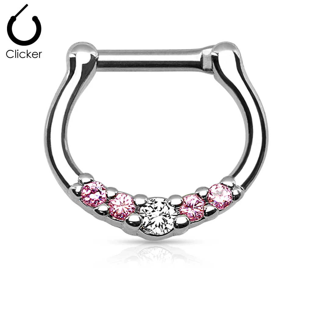 Five CZ 316L Surgical Steel Nose Ring Septum Clicker Daith - Image 4