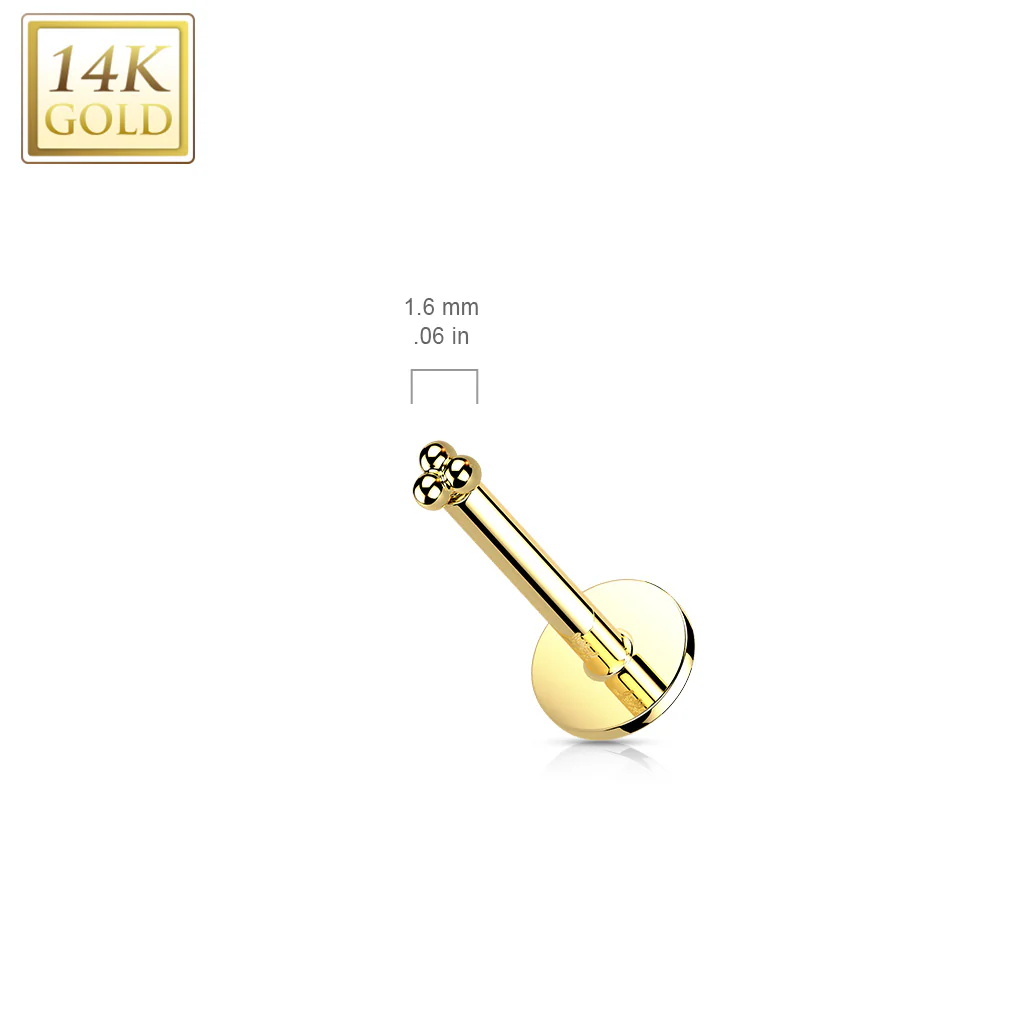 14K Solid Gold Threadless Ball Triangle Top Labret Flat back Stud - Image 2