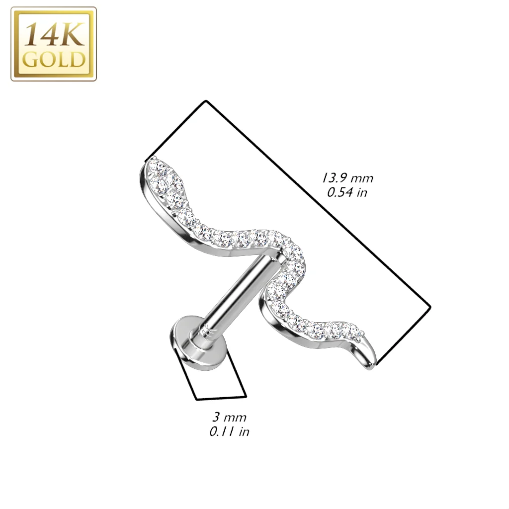 14K Solid Gold Threadless Labret With Snake CZ Top - Image 2