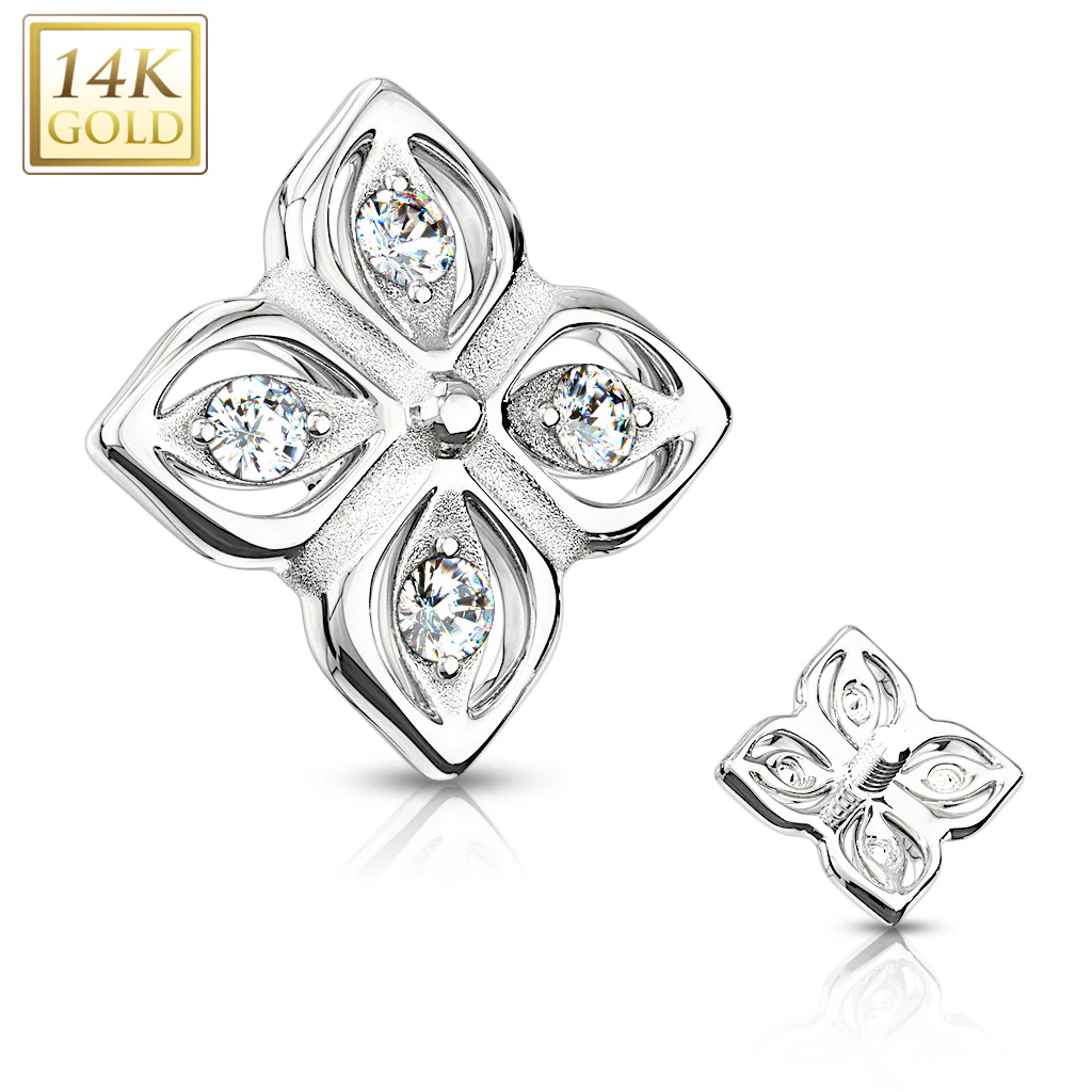 14K Solid Gold 4 CZ Paved Petal Flower 5mm Dermal Anchor Top - Image 4