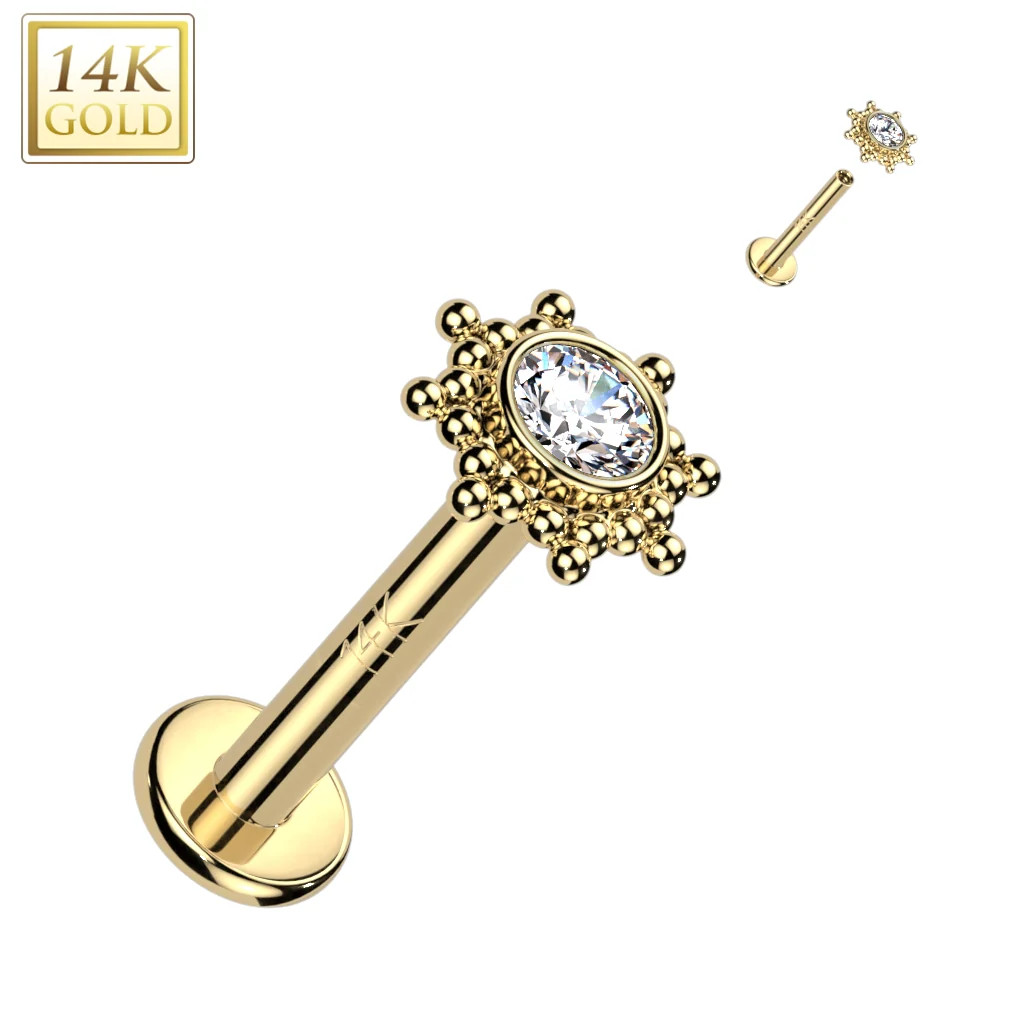 14K Solid Gold Internally Threaded Stud CZ Opal Tribal Sun Top Labret Tragus - Image 5