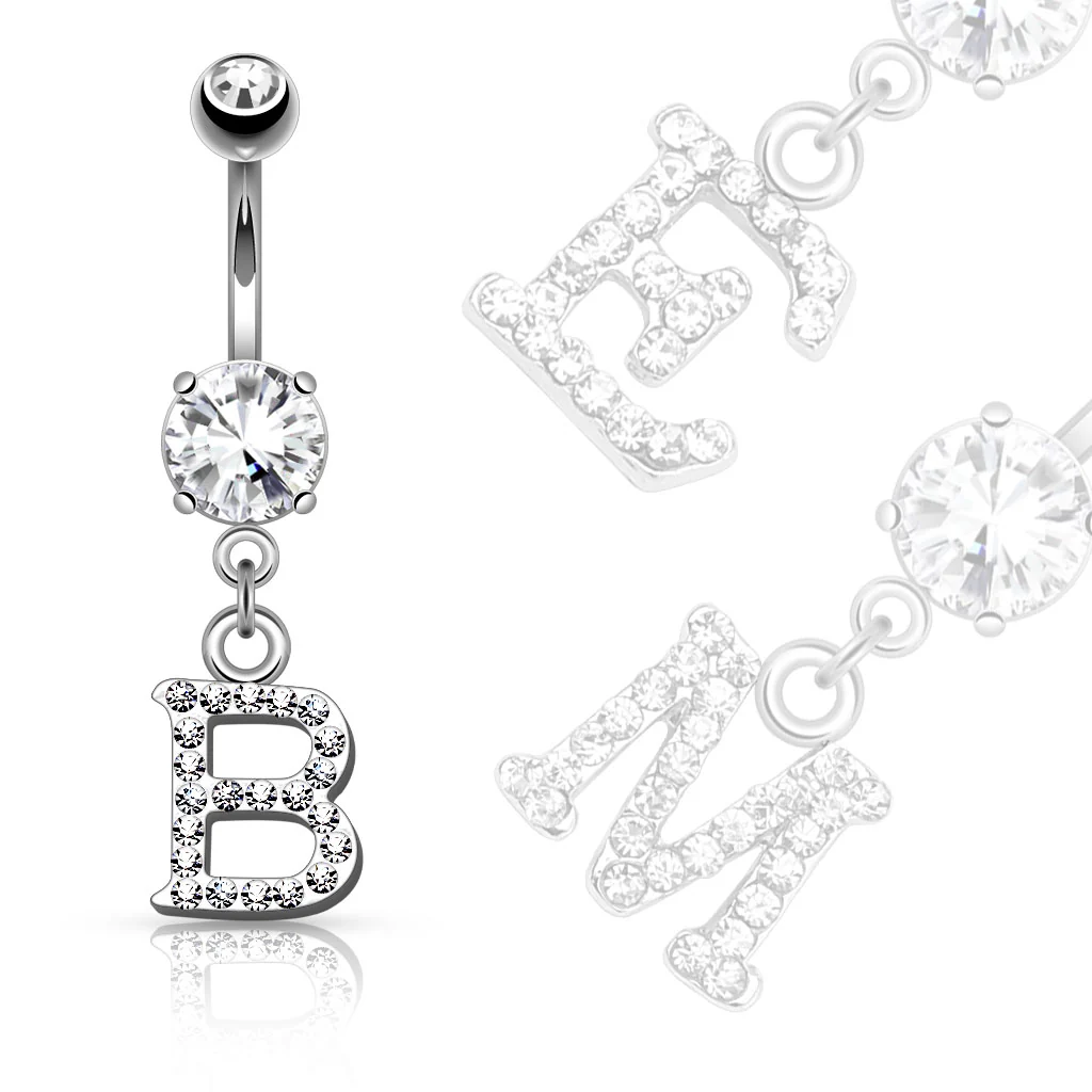 Clear Gem Paved Surgical Steel Initial Dangle Navel Belly Button Ring - Image 3