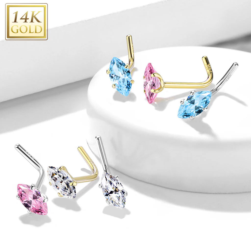 14K Solid Gold Marquise CZ L Bend Nose Stud Ring - Image 3