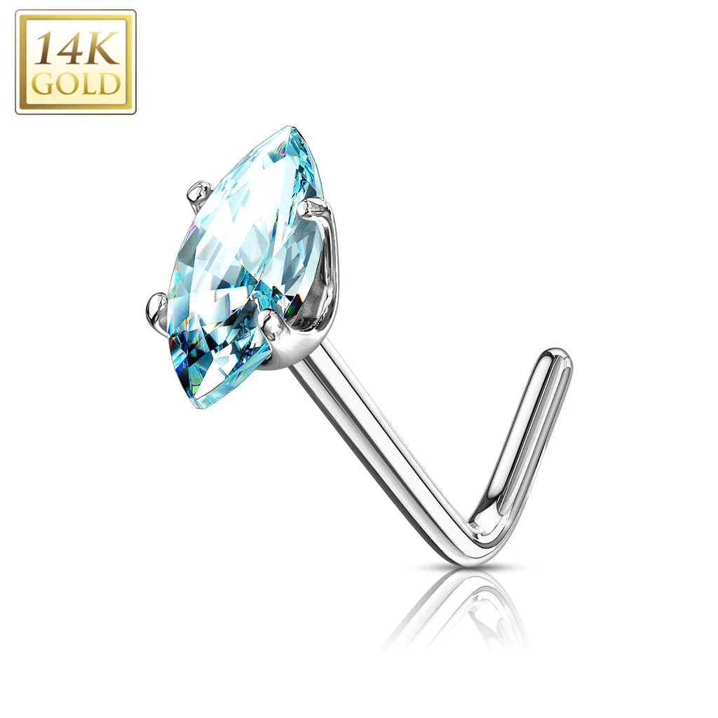 14K Solid Gold Marquise CZ L Bend Nose Stud Ring - Image 5