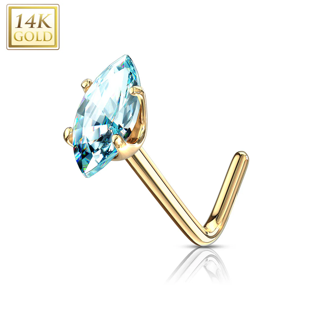 14K Solid Gold Marquise CZ L Bend Nose Stud Ring - Image 7