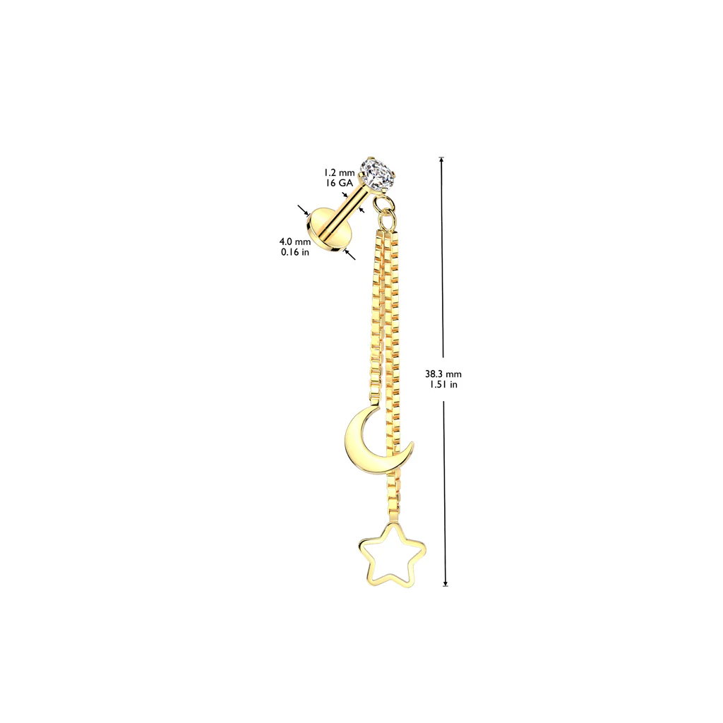 Crescent Moon & Star Chain Top Lip Labret Chin Ear Cartilage Tragus - Image 2