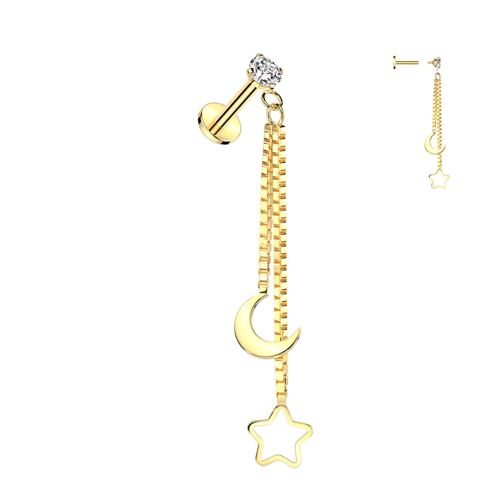 Crescent Moon & Star Chain Top Lip Labret Chin Ear Cartilage Tragus - Image 4