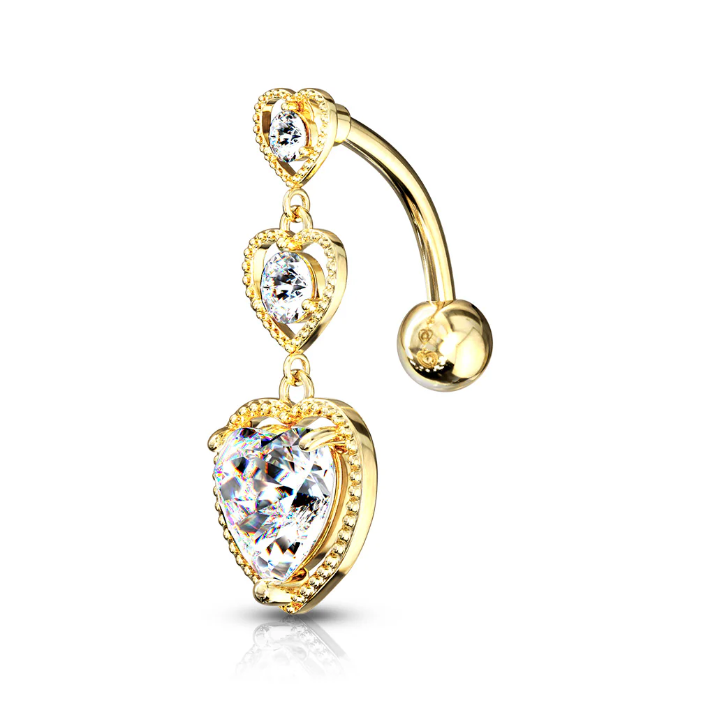 3 Pc Hot Seller 14K Gold And Surgical Steel CZ Heart Navel Belly Button Rings - Image 4