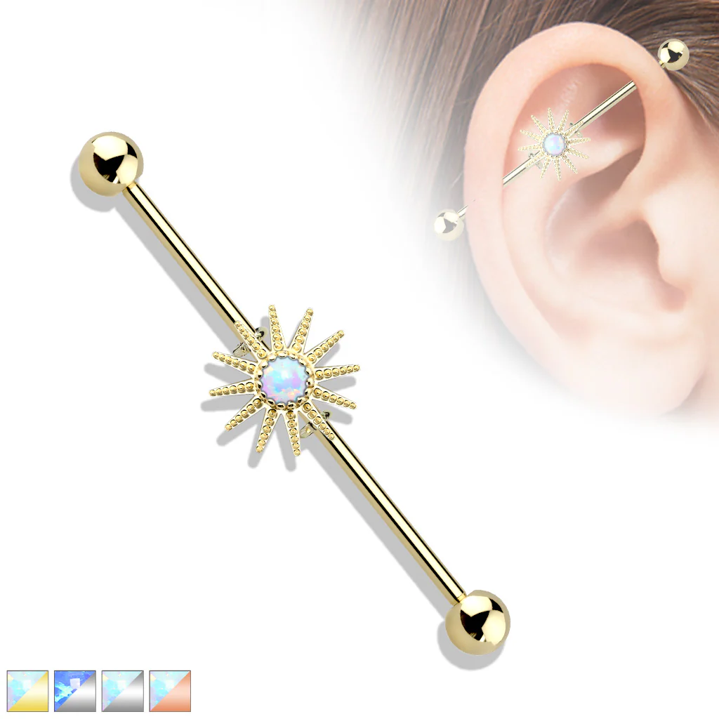 Gold Plated Surgical Steel Opal Stone Sunburst Industrial Barbells - Image 2
