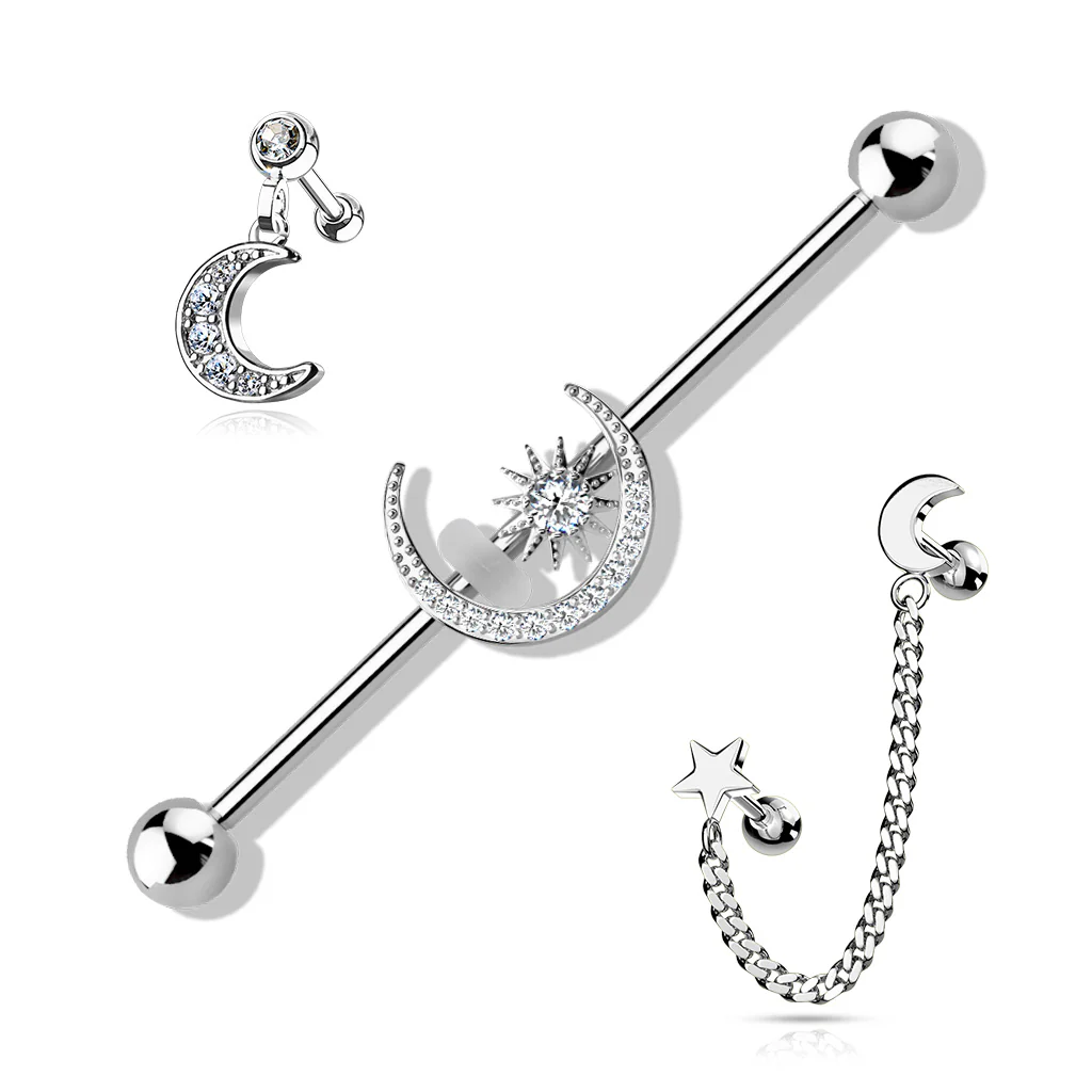 3 Pc Value Pack Star Moon  CZ Industrial Barbell Ear Cartilage Tragus  Helix Barbell Studs - Image 2