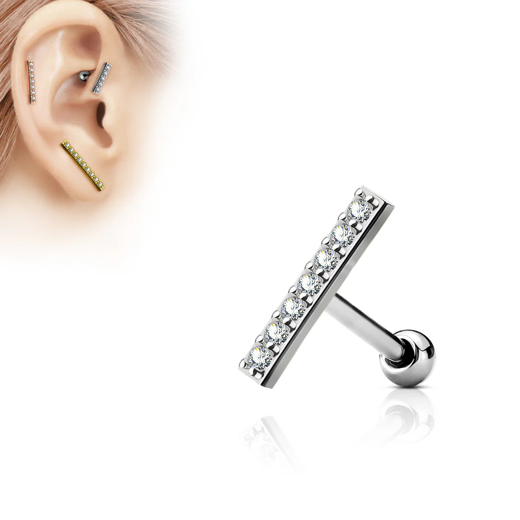 CZ Lined Set 12mm Long Bar Top Ear Cartilage Helix Daith Tragus Barbell Earrings - Image 2