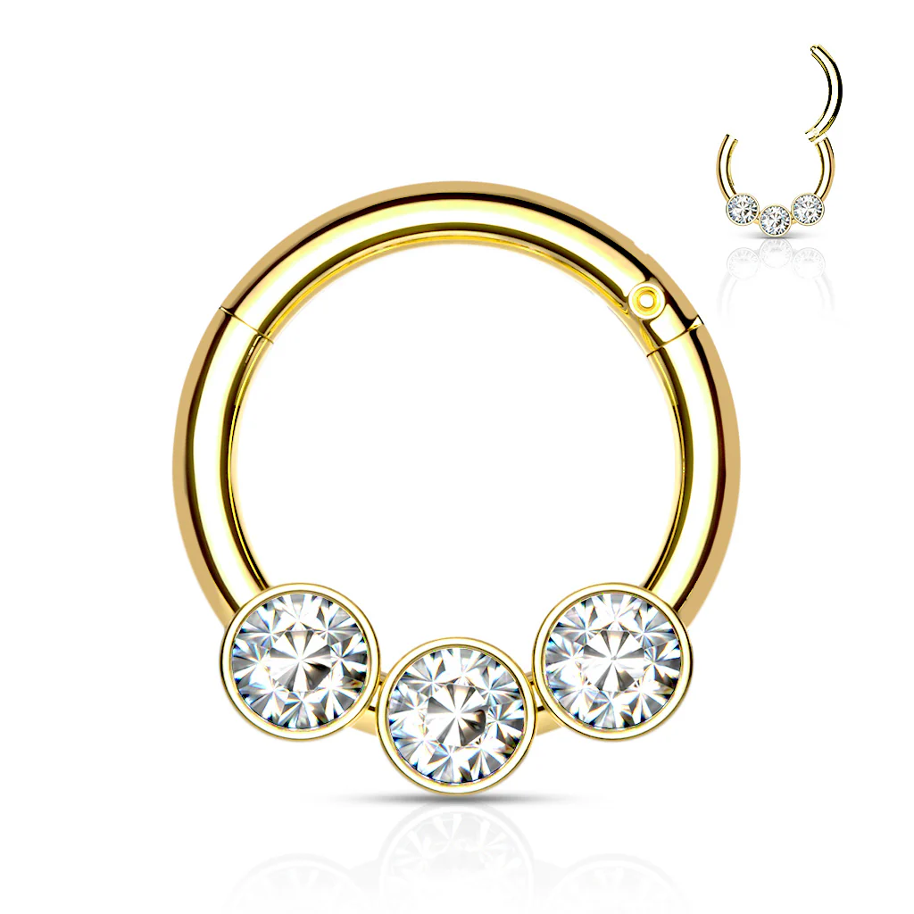 316L Surgical Steel 3 Bezel Set CZ  Hinged Segment Hoop Rings Nose Septum - Image 3