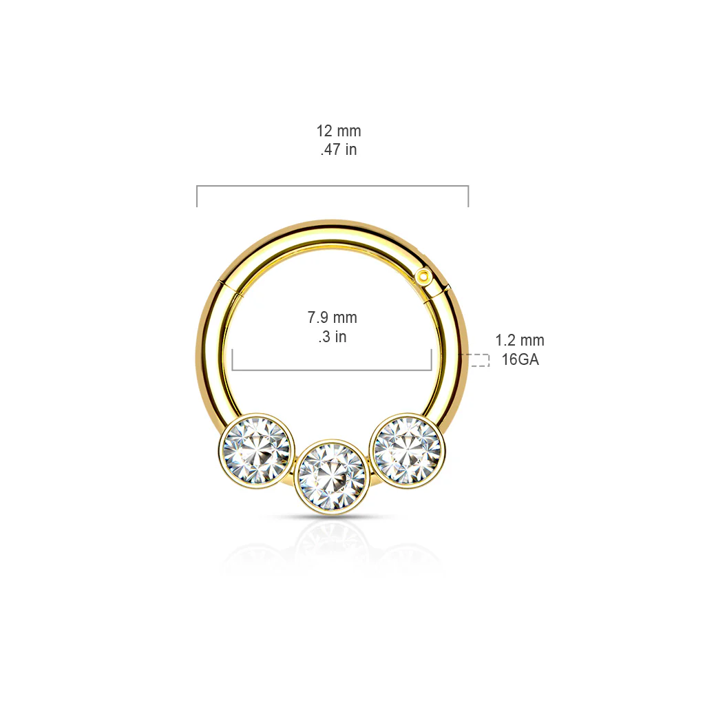 316L Surgical Steel 3 Bezel Set CZ  Hinged Segment Hoop Rings Nose Septum - Image 8