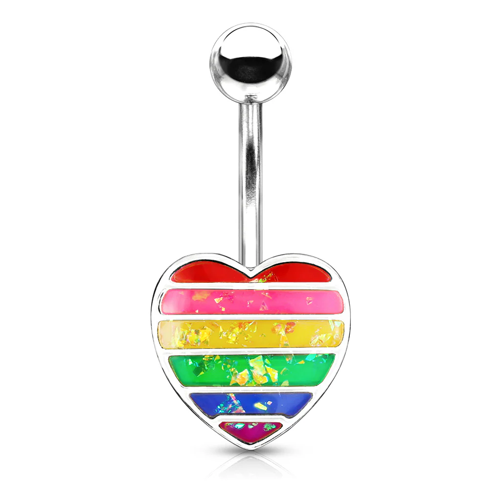 Rainbow Gay Pride Opal Glitter Filled Heart  Belly Button Navel Rings - Image 3