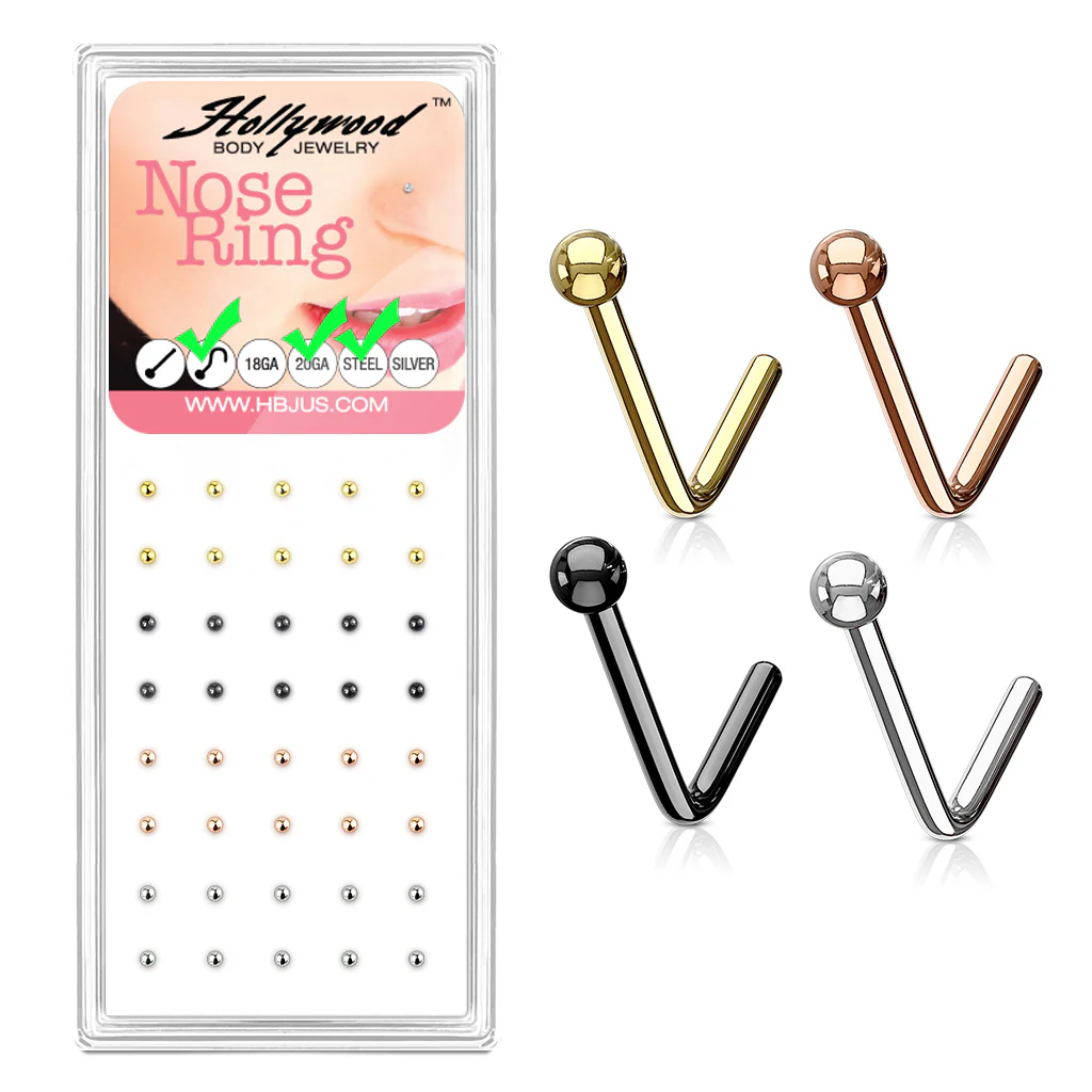 40 Pc Pre Loaded Titanium Gold Steel L Bend Nose Stud Rings