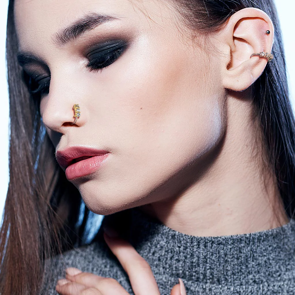 CZ Lined Bendale Ear Cartilage Daith Tragus Helix Earrings Hoop Nose Rings - Image 2