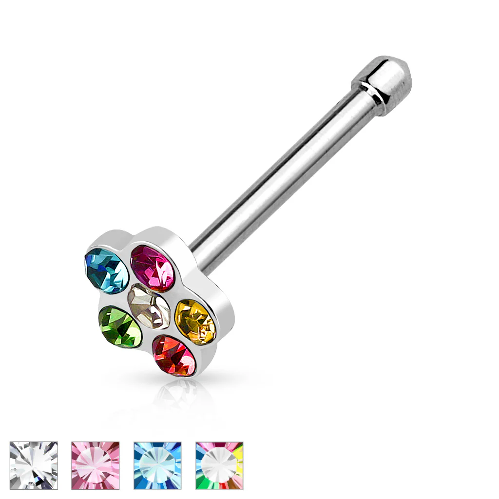 4 Pc Flower Multi Gem Paved Top Surgical Steel Nose Studs - Image 2