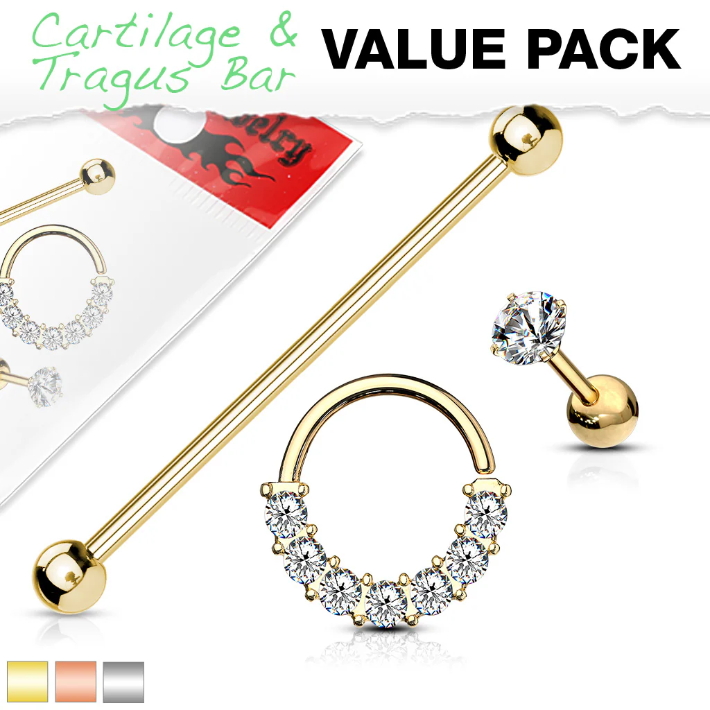 3 Pc  Value Pack Industrial Barbell CZ Studs CZ Hoop Ear Cartilage Tragus Helix - Image 2