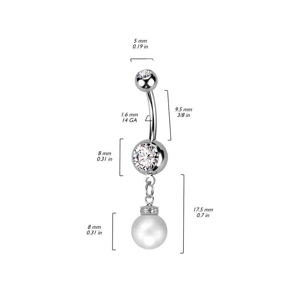 Double Jeweled Gem With Pearl Dangle Belly Button Ring - Image 2