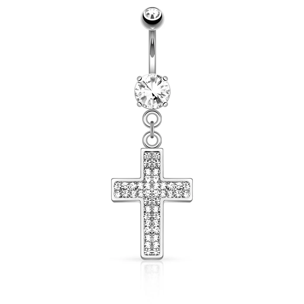 CZ Paved Cross Dangle Navel Belly Button Ring - Image 2