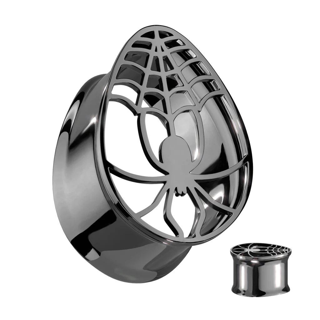 Black PVD Tear Drop Double Flare Tunnel With Hollow Spider - Image 3