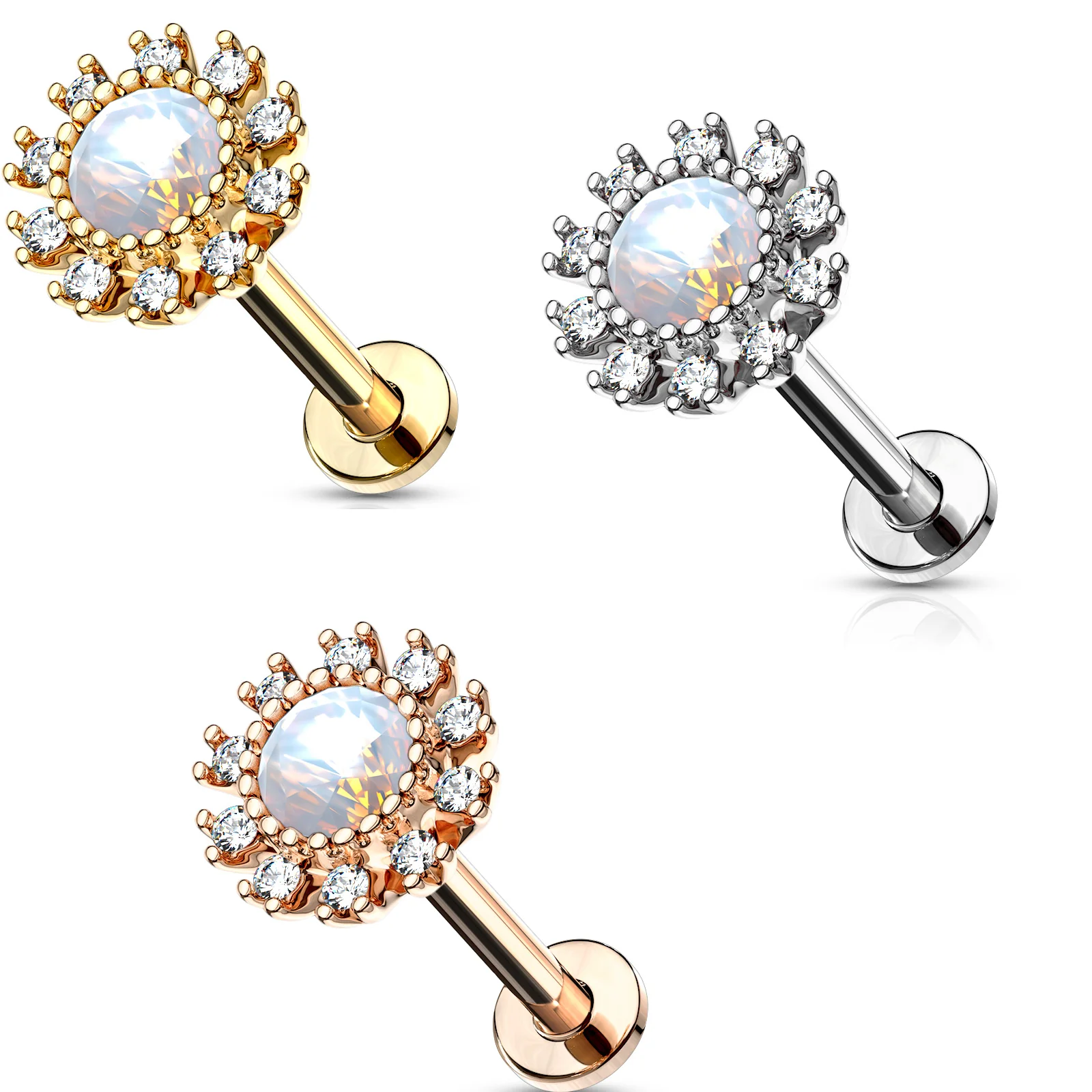 Opal & CZ  Internally Threaded Labret Tragus Helix Ear Cartilage Studs - Image 2