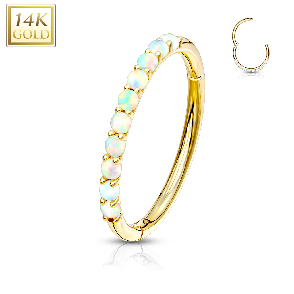 14K Solid Gold Side Opal Hinged Hoop Ring Nose Septum Daith - Image 5