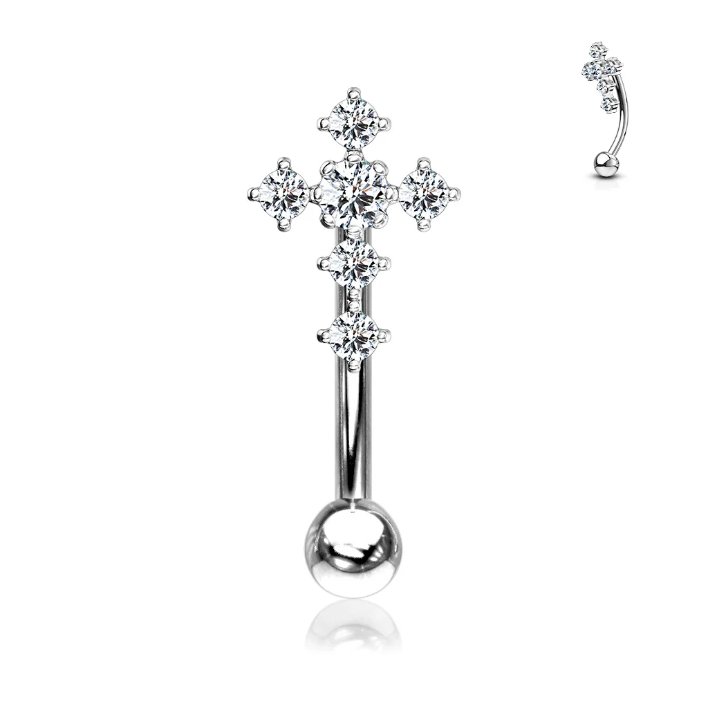 CZ Paved Cross Top Eyebrow Ring Curved Barbells Rook Snug - Image 4