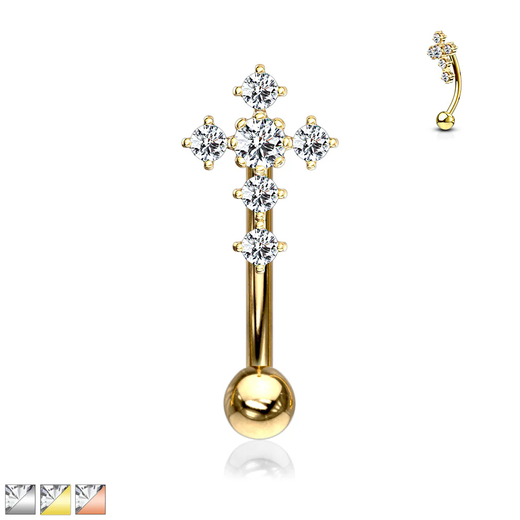 CZ Paved Cross Top Eyebrow Ring Curved Barbells Rook Snug - Image 5