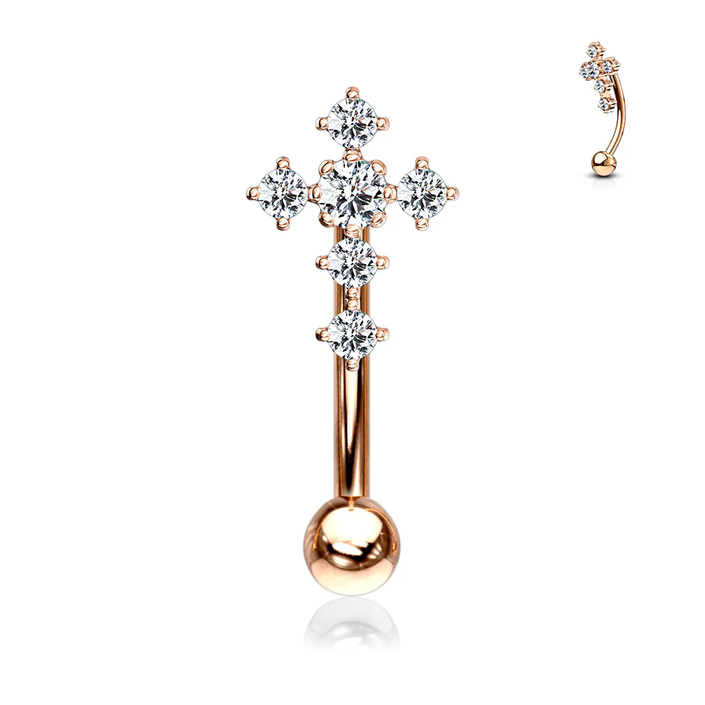 CZ Paved Cross Top Eyebrow Ring Curved Barbells Rook Snug - Image 6