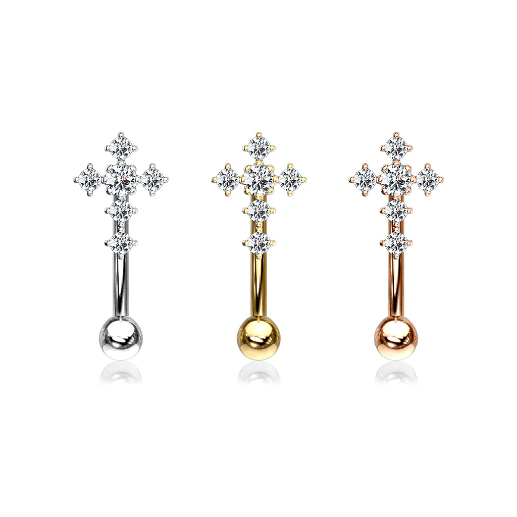 CZ Paved Cross Top Eyebrow Ring Curved Barbells Rook Snug - Image 7
