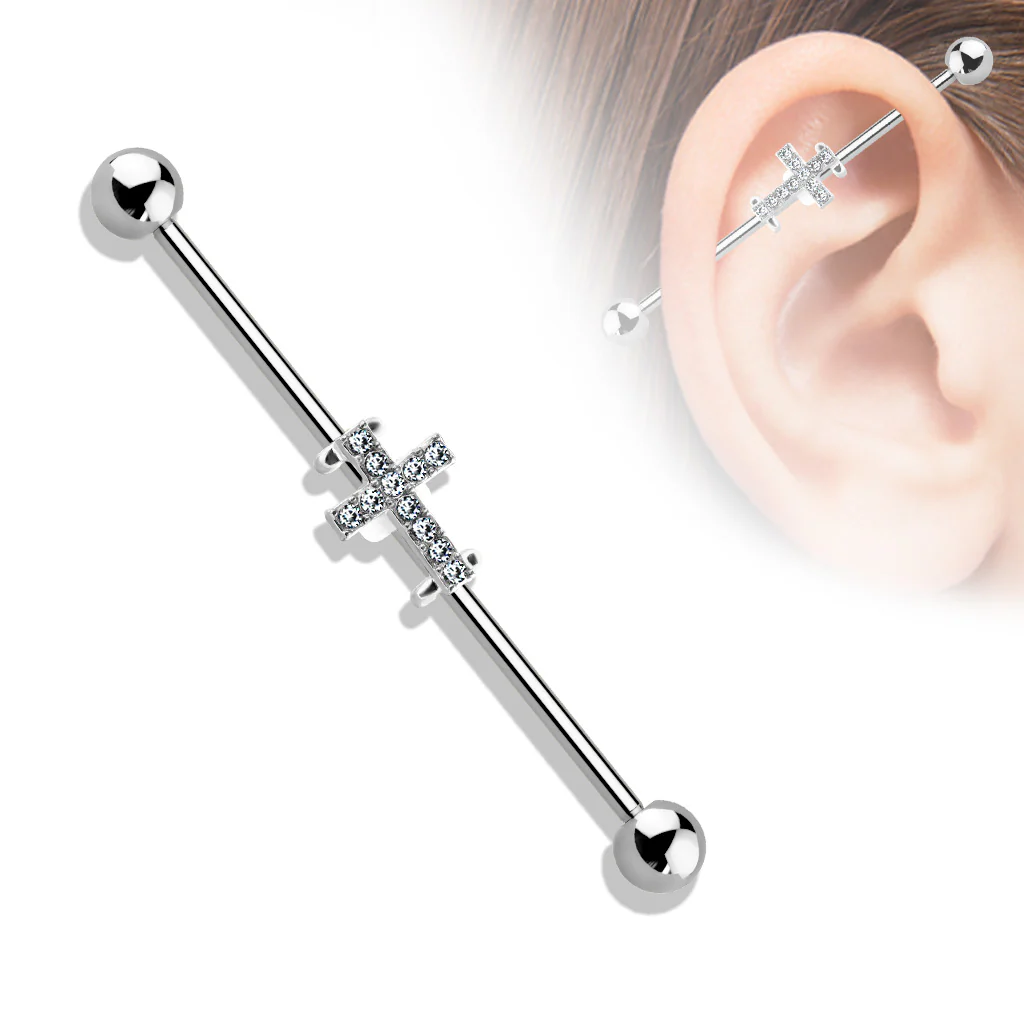 Crystal Paved Cross 316L Surgical Steel Industrial Barbells - Image 3