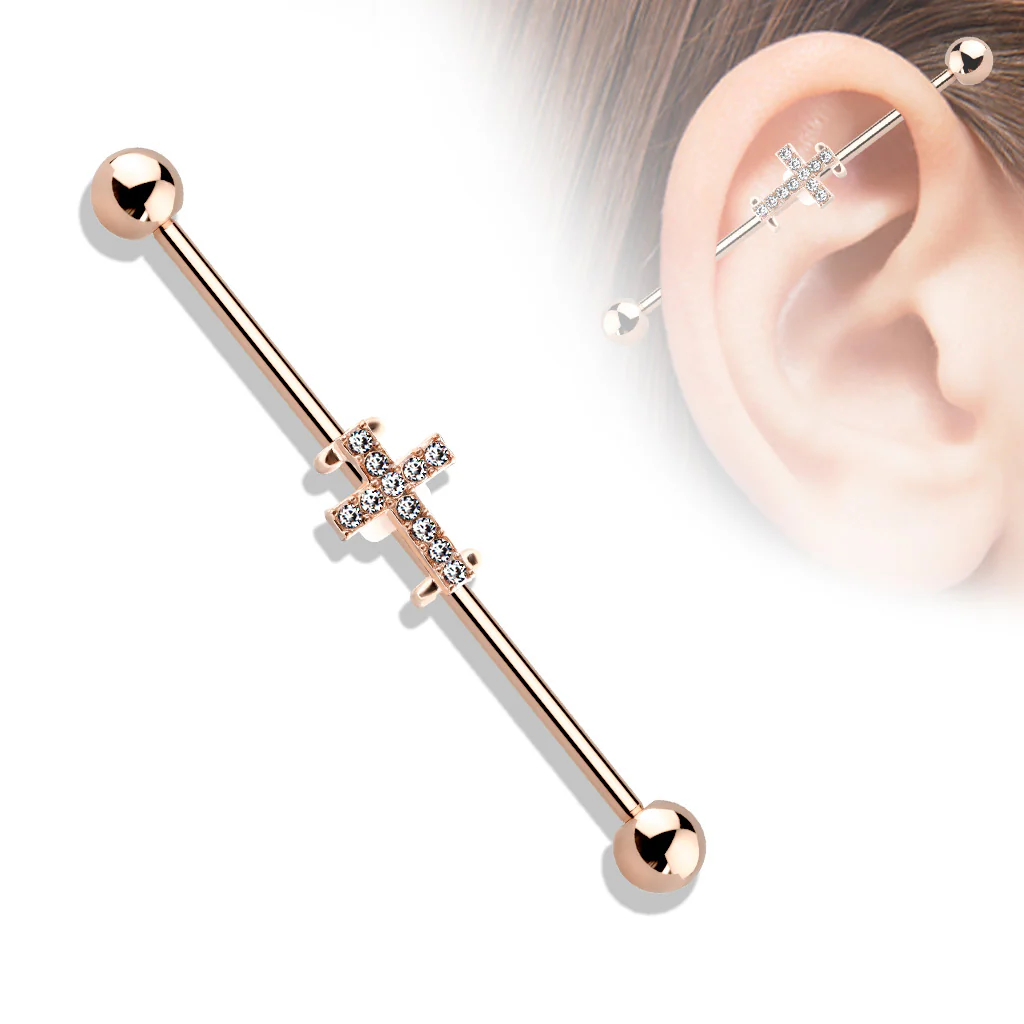 Crystal Paved Cross 316L Surgical Steel Industrial Barbells - Image 4