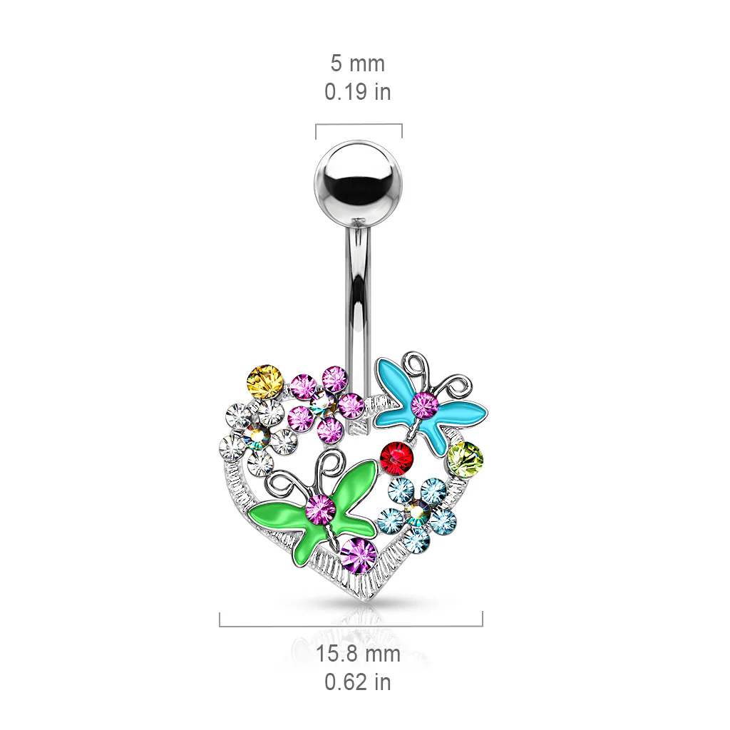 Multi Color Butterfly Flower On Heart Surgical Steel Belly Button Navel Rings - Image 2