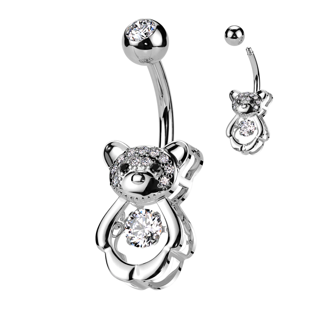 Pave CZ Hollow Bear With CZ Center Belly Button Ring - Image 4