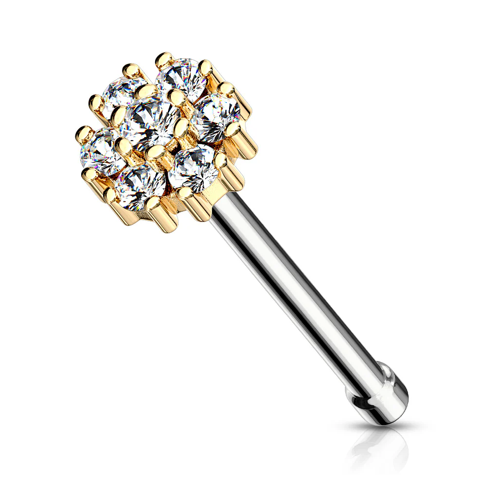 CZ Flower With Double Tiered CZ Top Surgical Steel Nose Bone Stud Rings - Image 2
