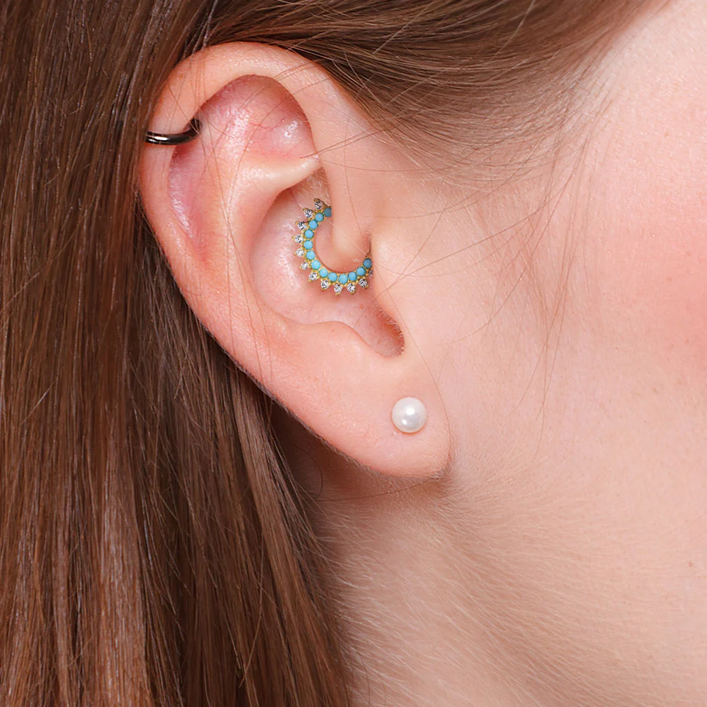 Turquoise & CZ Lined Ear Cartilage Daith Hoop Helix Nose Septum Rings - Image 4