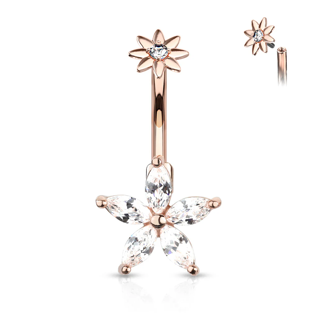 5 Marquise CZ Petal Flower With Internal Threaded Flower Top Navel Belly Button Ring - Image 4