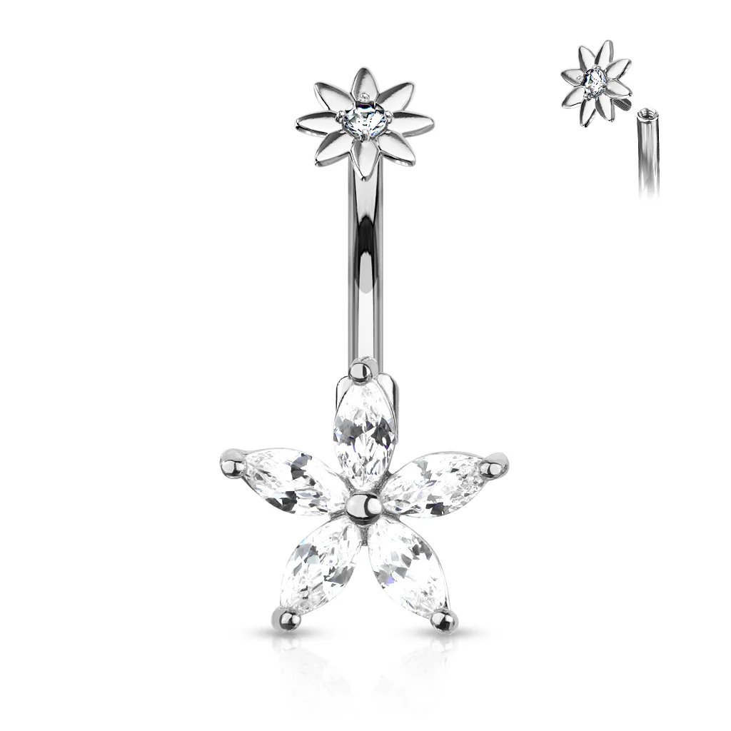 5 Marquise CZ Petal Flower With Internal Threaded Flower Top Navel Belly Button Ring - Image 5