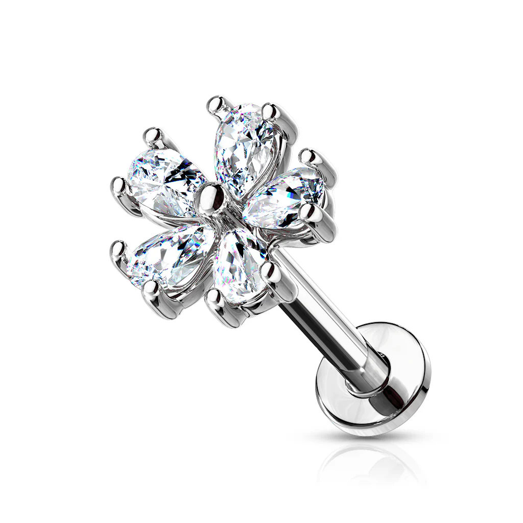Five Pear CZ Paved Flower Internally Threaded Labret Tragus Snug Ear Cartilage Studs - Image 4