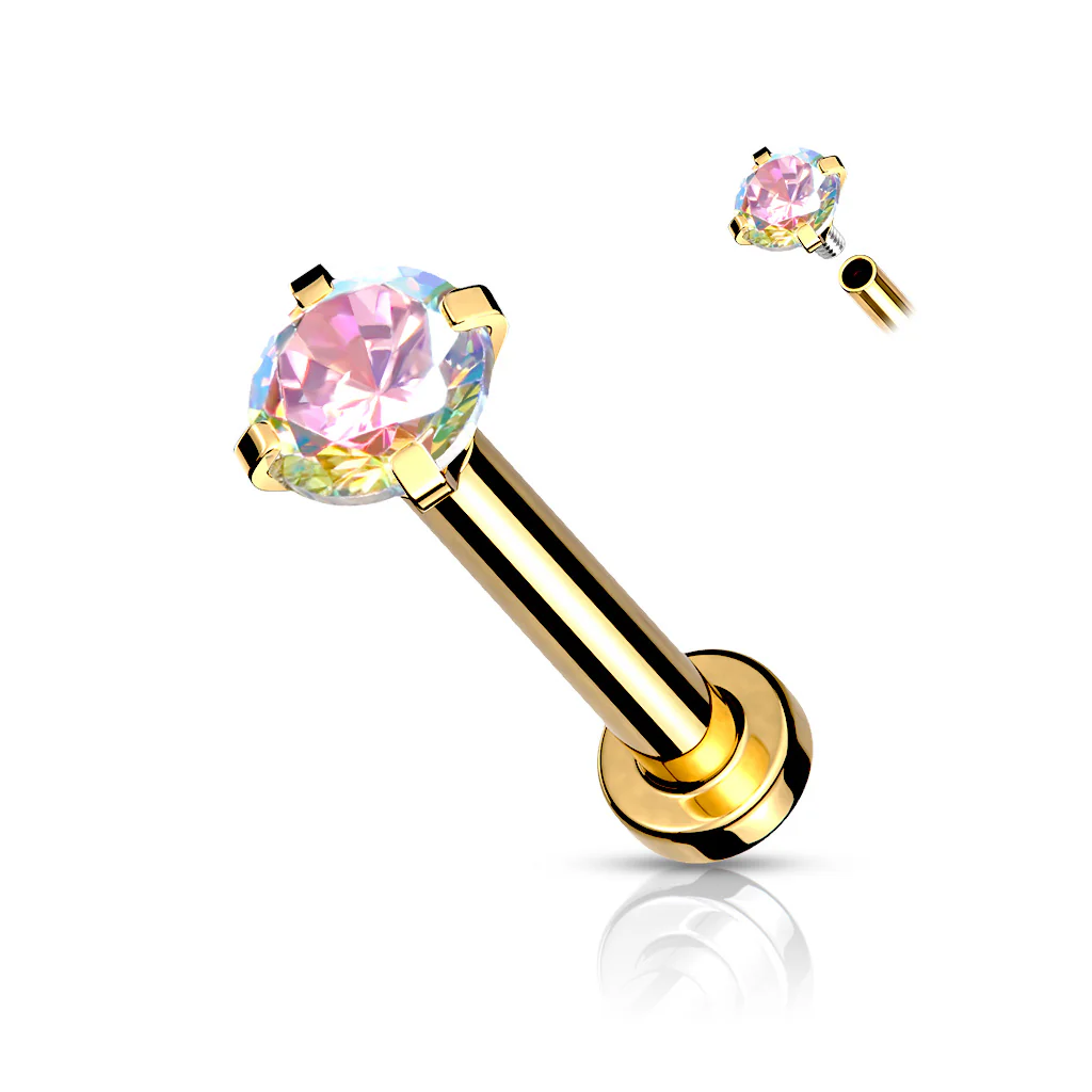 CZ Prong Top Gold Plated Lip Labret Studs For Lip Chin Nose 18G - Image 3