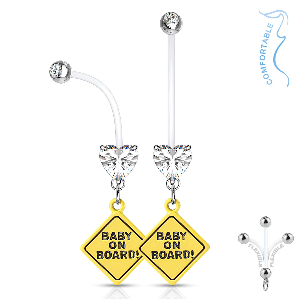 Prong Set Heart CZ Baby On Board Sign Pregnancy BioFlex Barbell Navel Belly Button Ring - Image 5