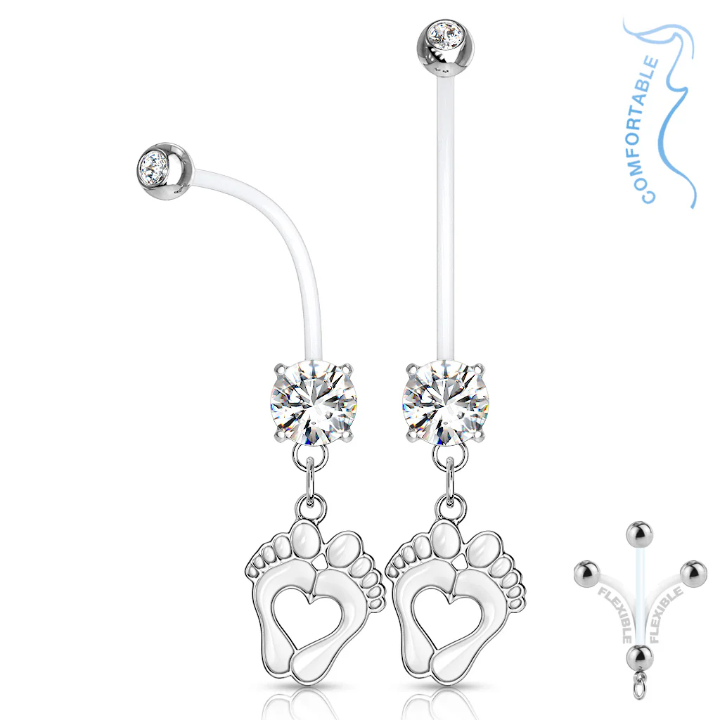 Heart Baby Feet Dangle CZ Pregnancy Bio Flex Barbell Navel Belly Button Ring - Image 5