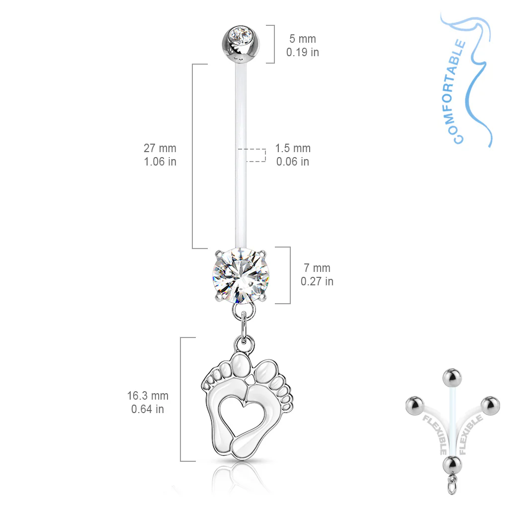 Heart Baby Feet Dangle CZ Pregnancy Bio Flex Barbell Navel Belly Button Ring - Image 6