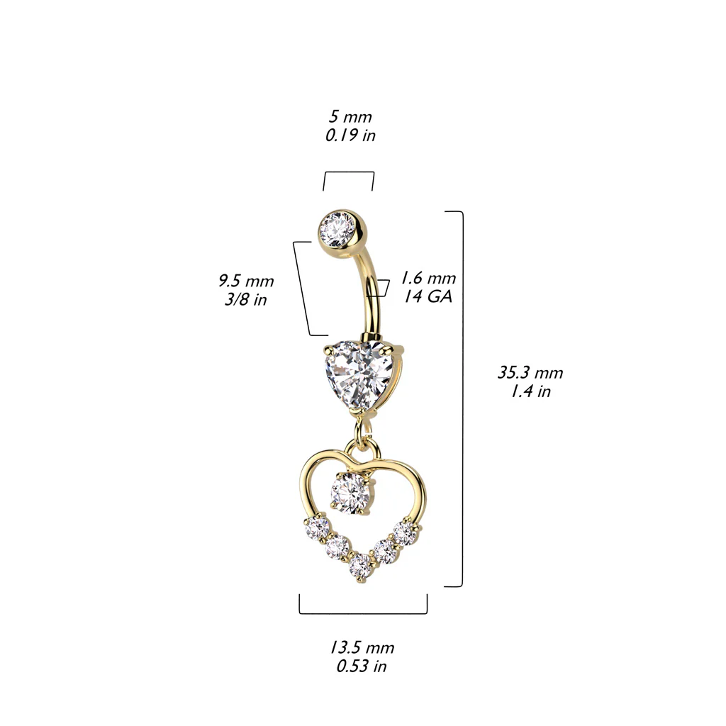 Heart Shaped CZ With Hollow Heart Pave Dangle Belly Button Navel Rings - Image 2