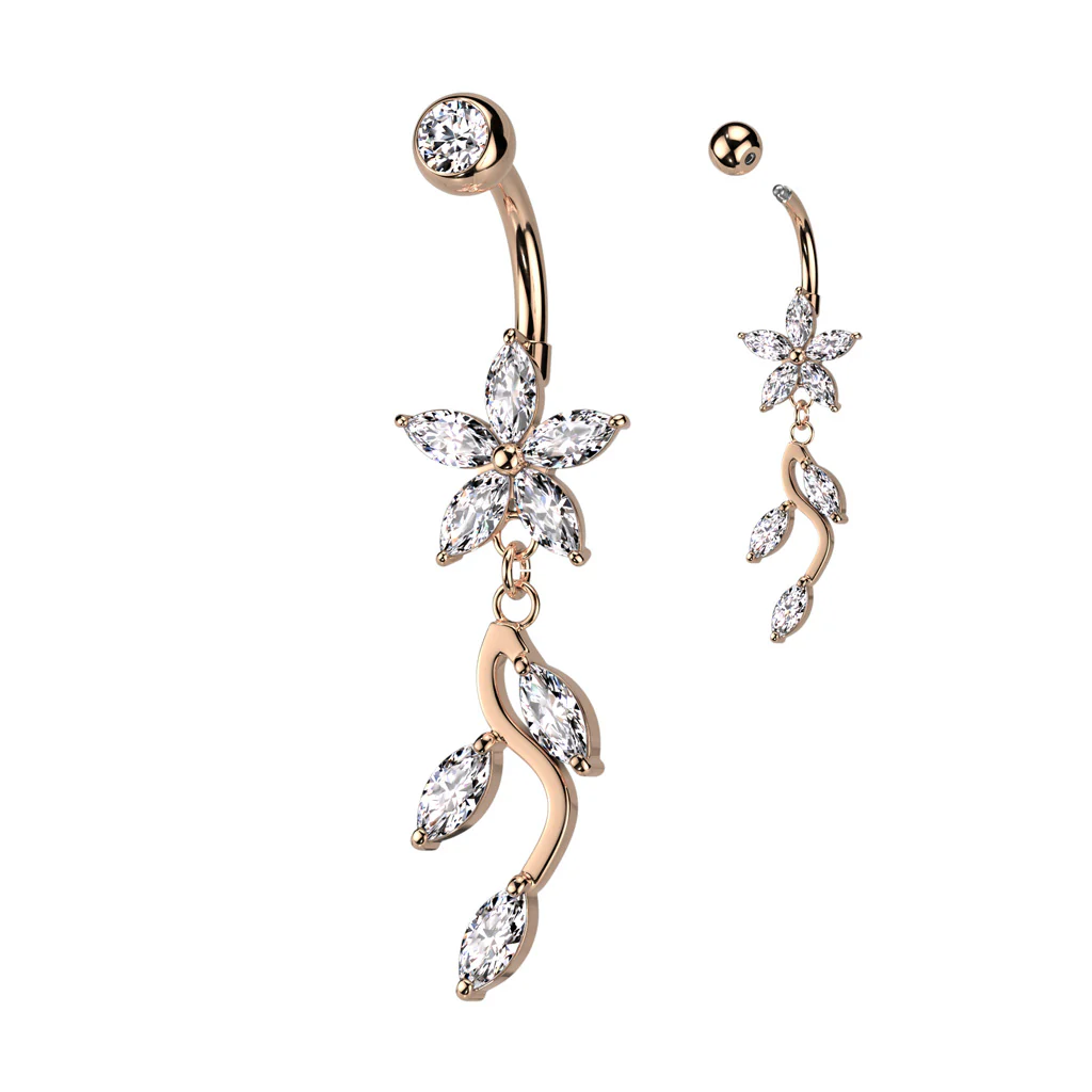 5 Marquise CZ Flower With Vine Dangle Belly Button Navel Rings - Image 3