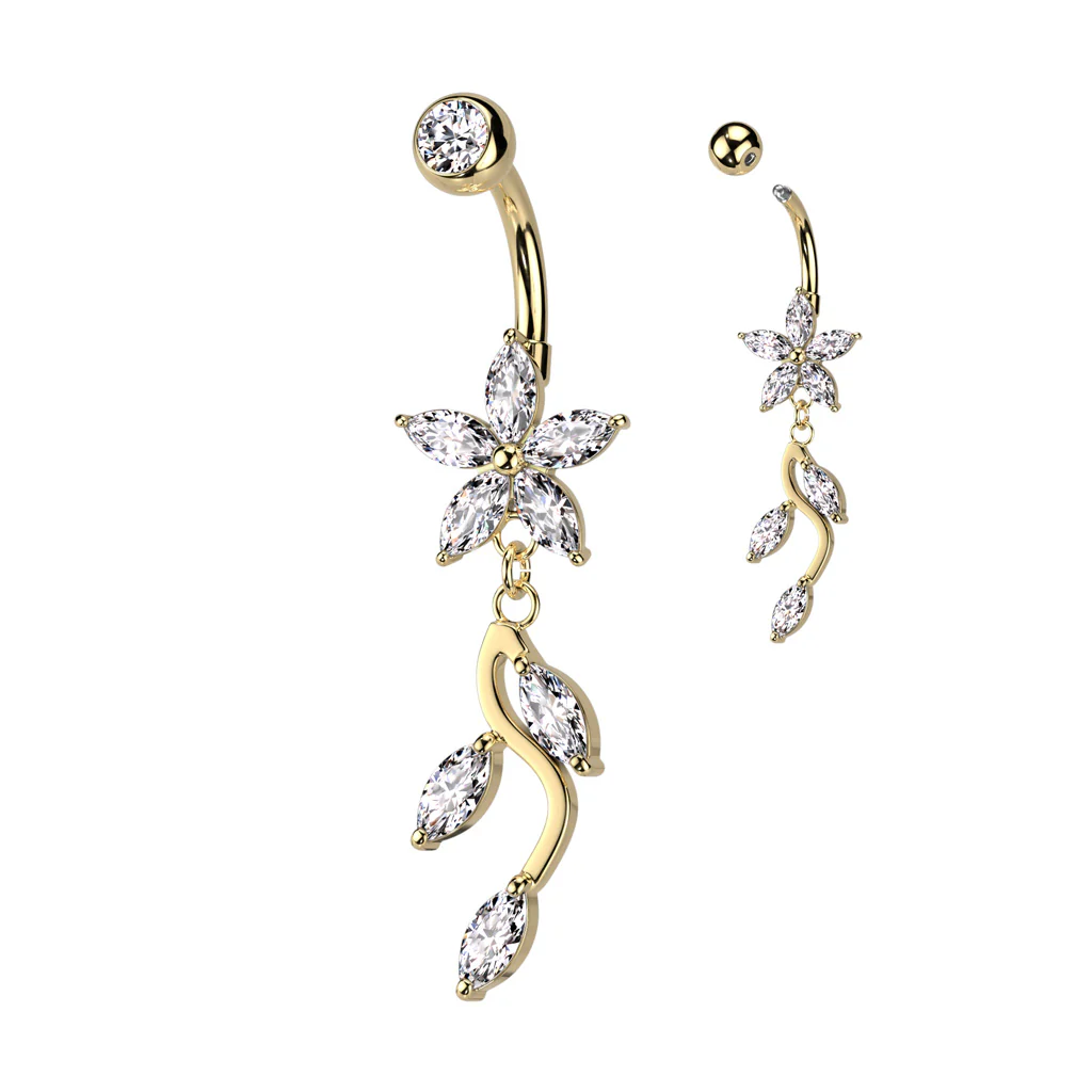 5 Marquise CZ Flower With Vine Dangle Belly Button Navel Rings - Image 4